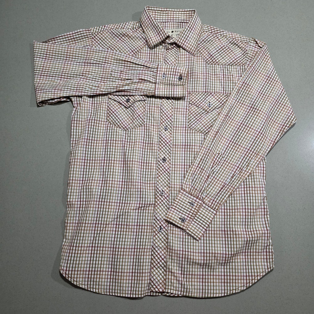 Rancho Estancia Mens Plaid Western Snap Pocket Cotton Shirt Brown Green Large